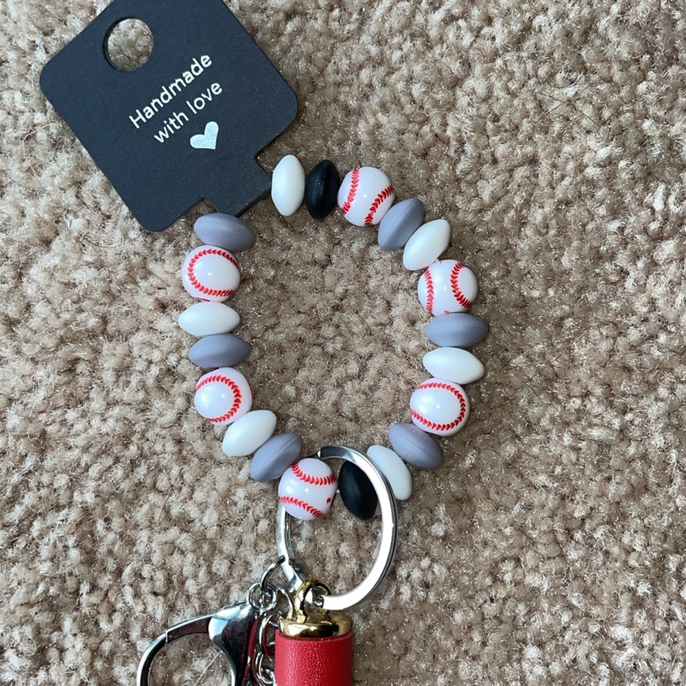 Baseball Bead Bracelet Wrist Keychain Leather Tassel  Key Ring Bag Accessories - Picture 3 of 7